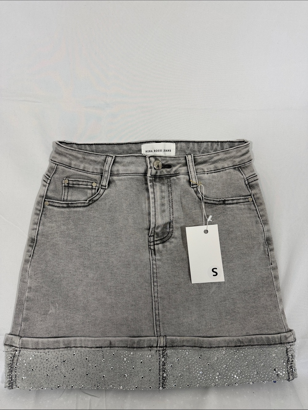 Nina Rossi Women's Gray Denim Mini Skirt with Embellished Hem